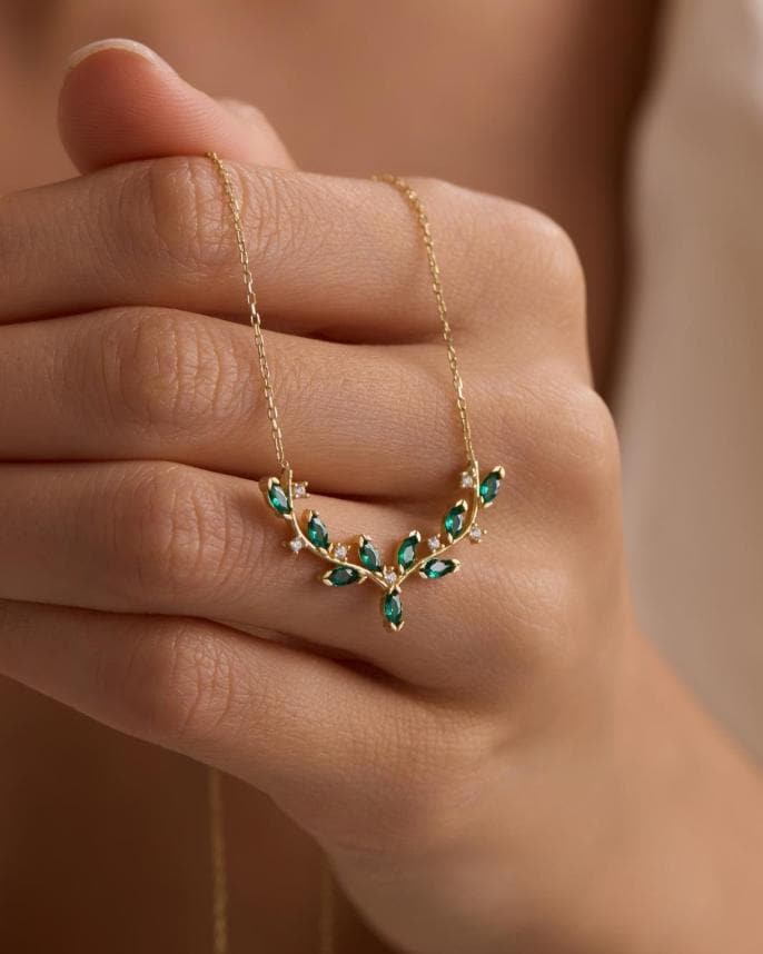 Gold Plated Green Ivy Necklace | Marquise Stone Sterling Silver Vine Jewelry
