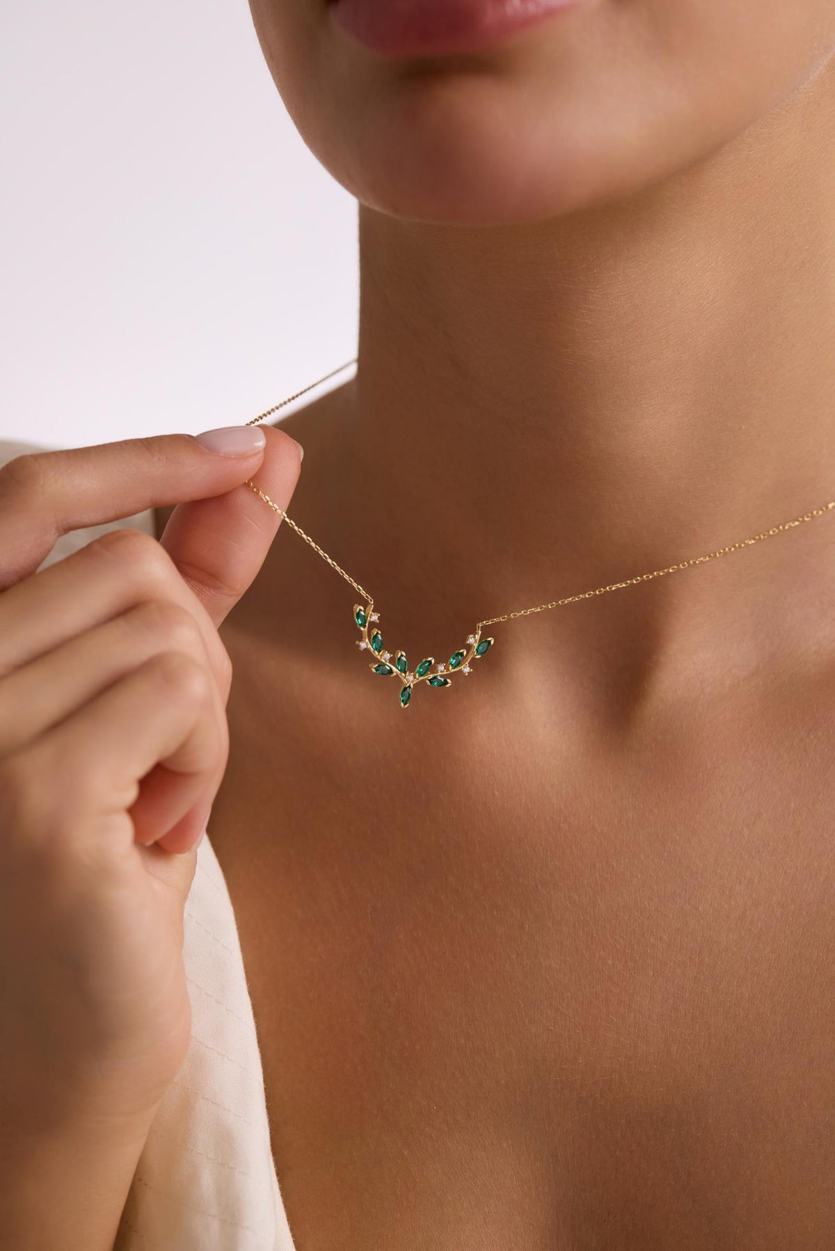 Gold Plated Green Ivy Necklace | Marquise Stone Sterling Silver Vine Jewelry