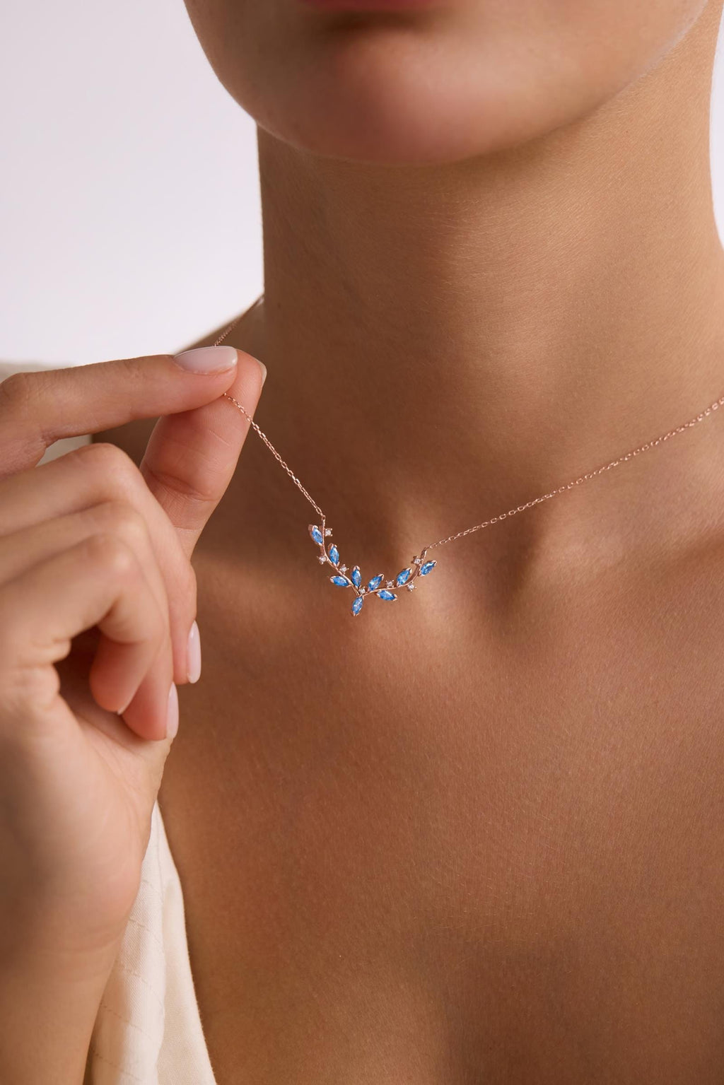 Rose Gold Aquamarine Ivy Necklace, Sterling Silver Marquise Vine Pendant