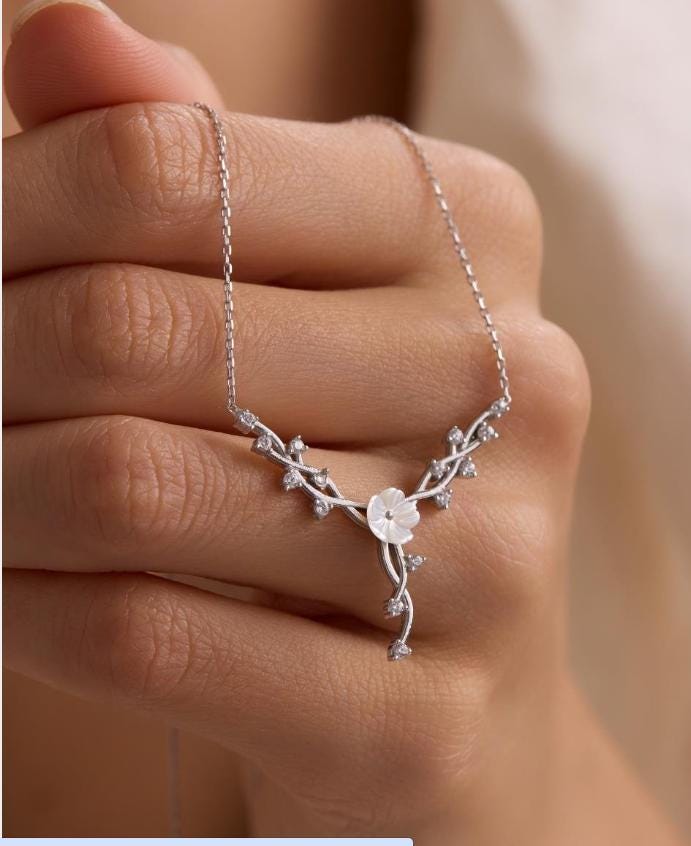 Magnolia Flower Necklace, Rhodium Sterling Silver Vine Necklace, Zircon Floral Jewelry