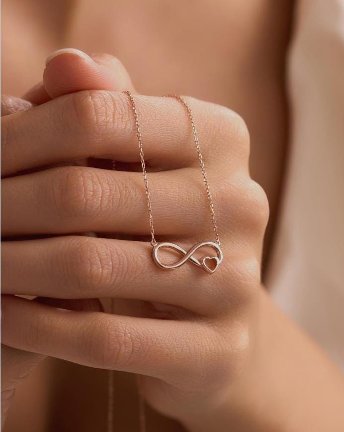 Infinity Heart Necklace, Rose Gold Sterling Silver Love Pendant for Women