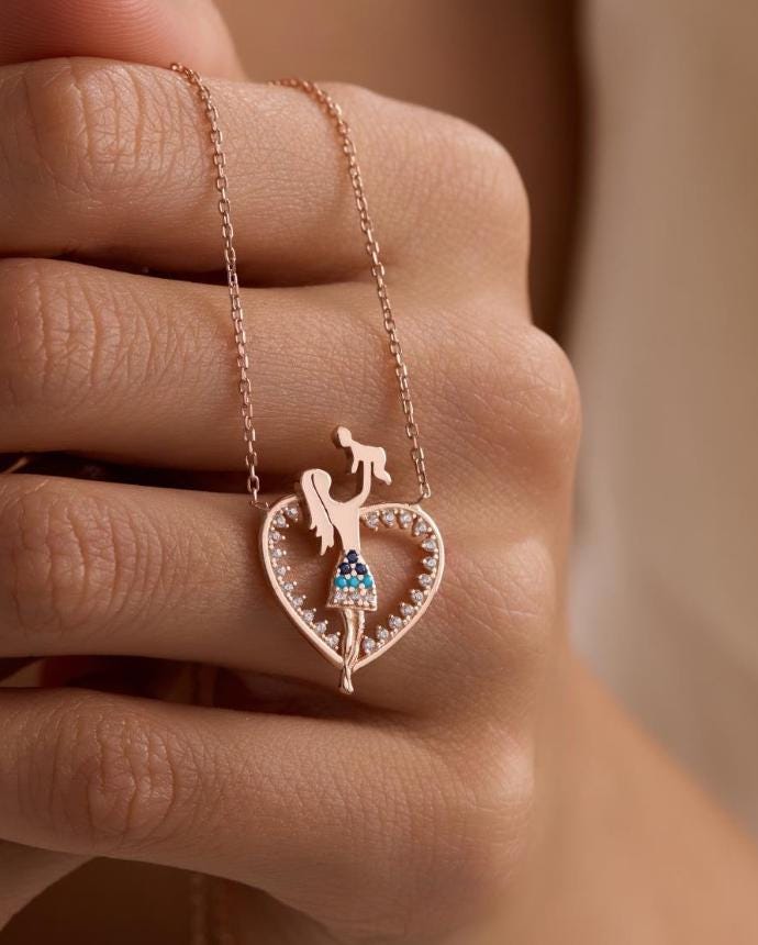 Rose Gold Mother Baby Necklace | 925 Sterling Silver Heart Pendant Gift for Mom