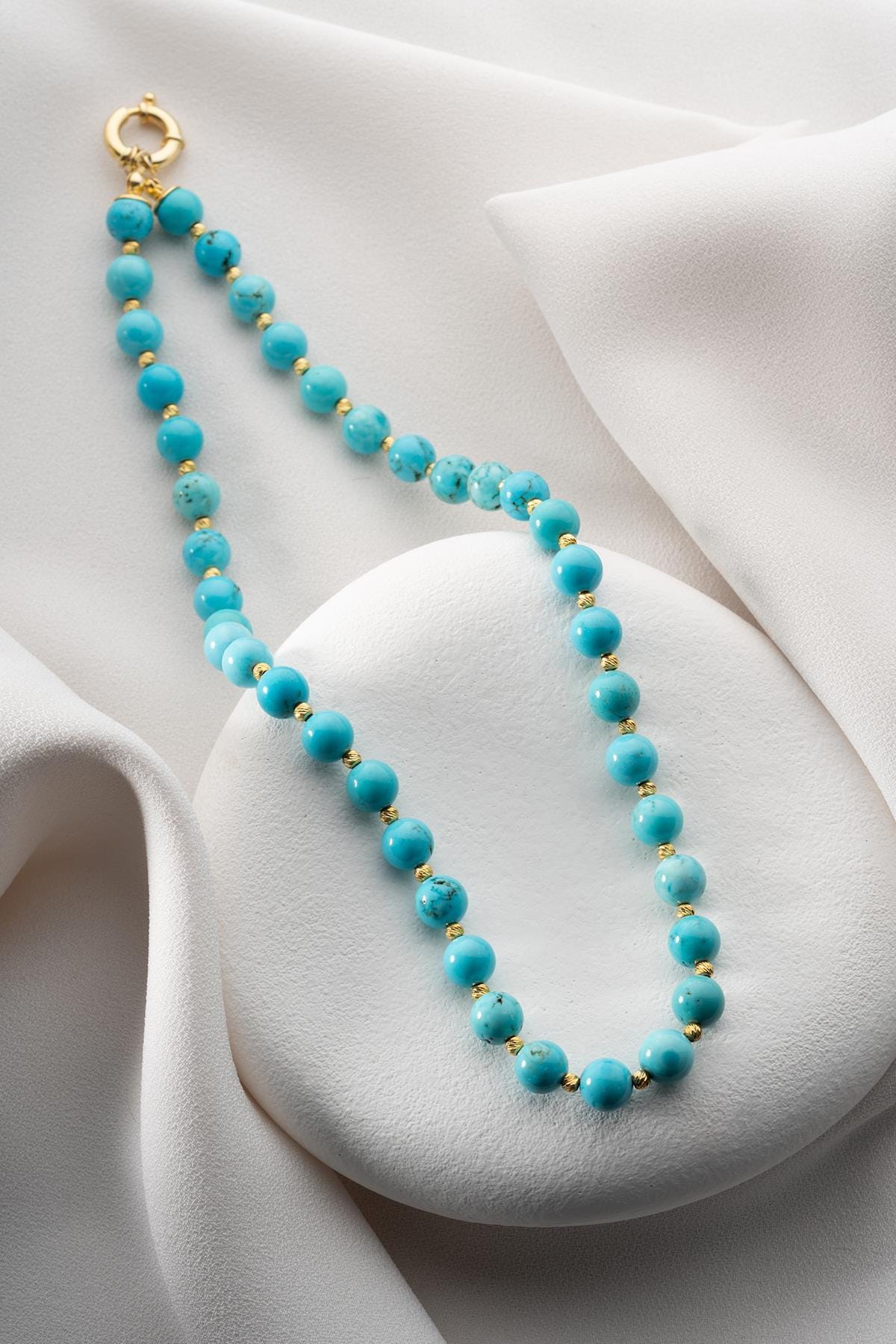 Natural Turquoise Necklace 8mm | Gold Plated 925 Silver Beaded Statement Jewelry