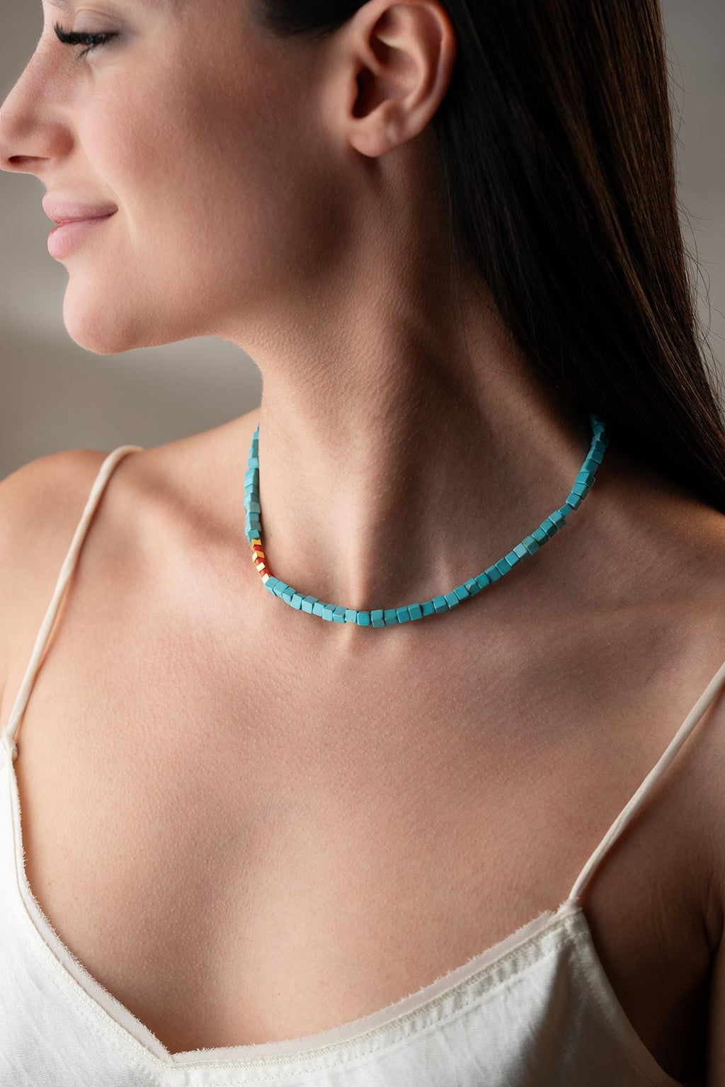 Turquoise Coral Necklace | 925 Silver Gold Cube Beaded Statement Jewelry