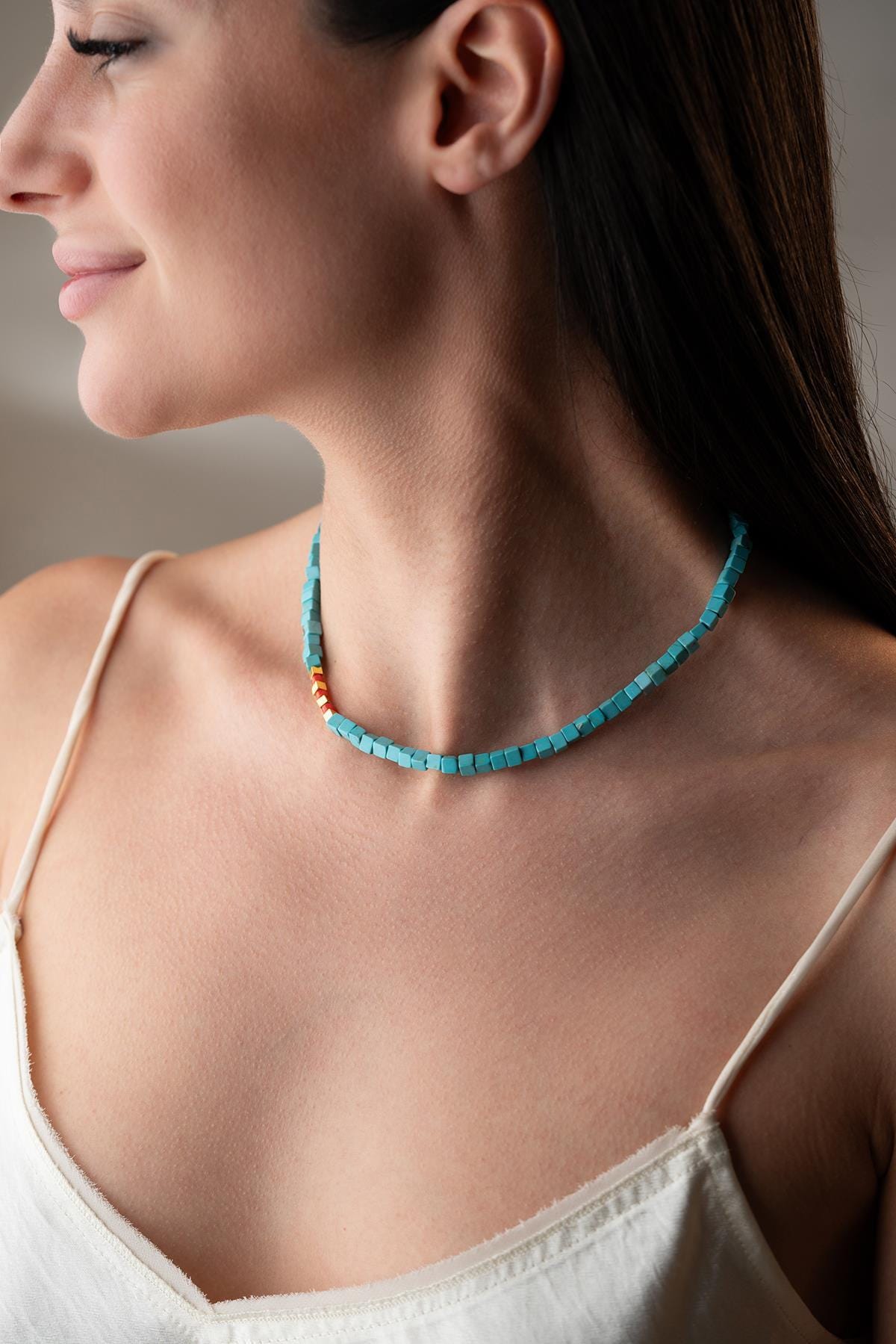 Turquoise Coral Necklace | 925 Silver Gold Cube Beaded Statement Jewelry