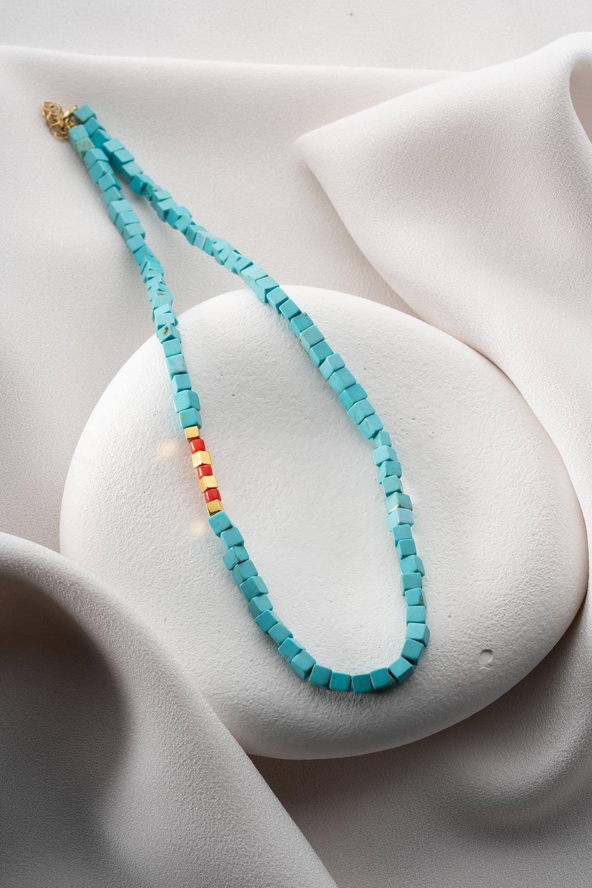 Turquoise Coral Necklace | 925 Silver Gold Cube Beaded Statement Jewelry