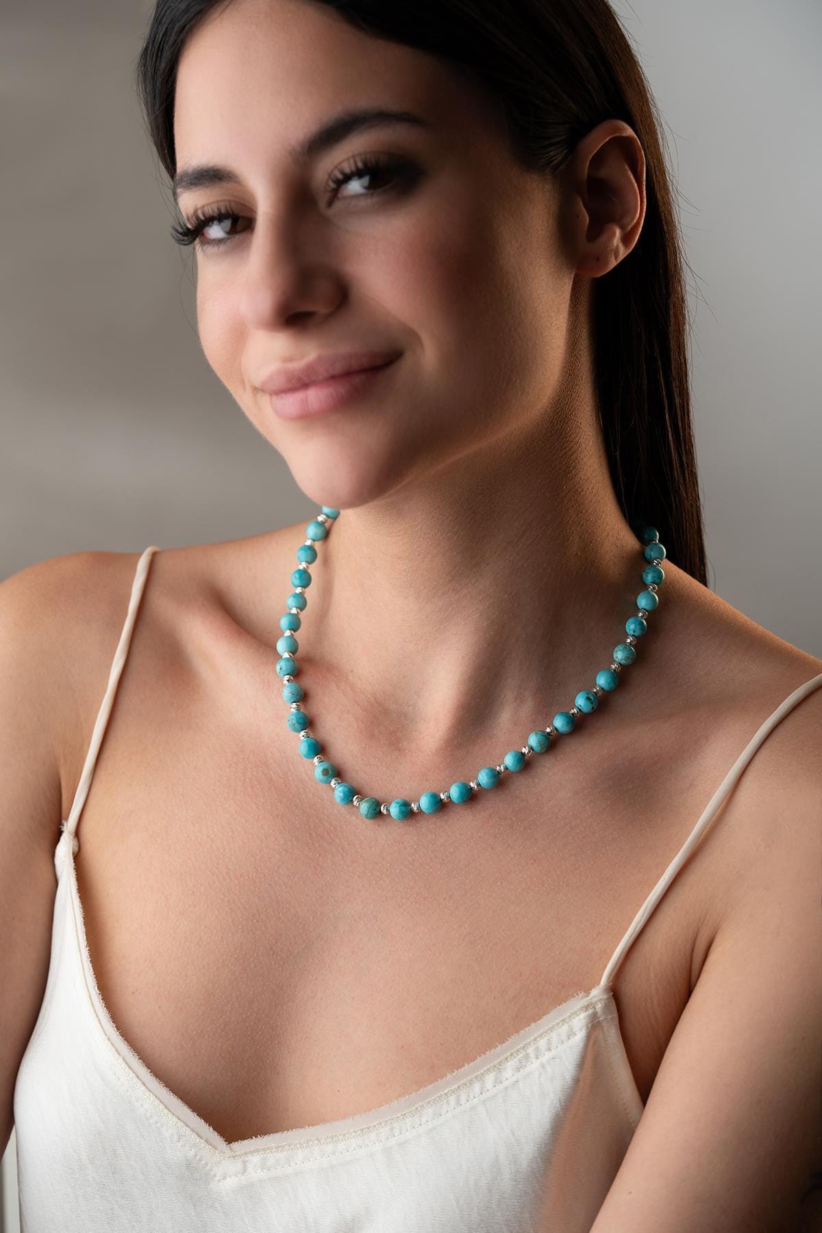 Natural Turquoise Necklace 8mm | Rhodium 925 Silver Beaded Jewelry