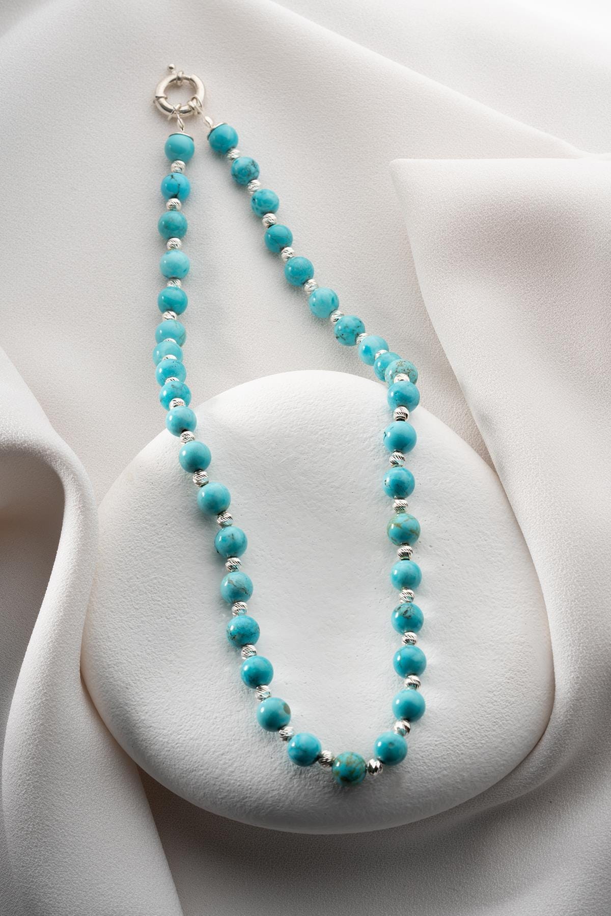 Natural Turquoise Necklace 8mm | Rhodium 925 Silver Beaded Jewelry