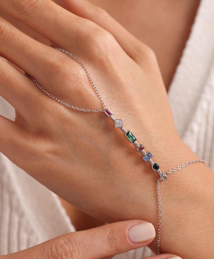 Sterling Silver Bar Shahmaran Bracelet | Zircon Hand Chain | Rhodium Jewelry
