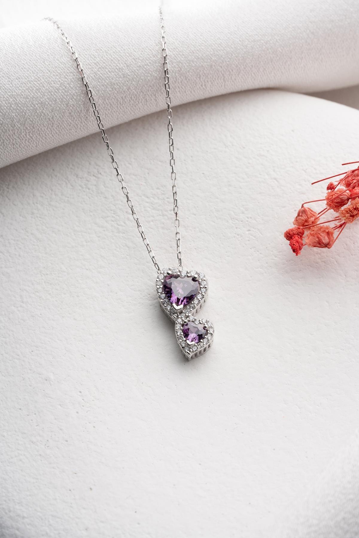Purple Double Heart Necklace 925 Sterling Silver Romantic Gift for Her