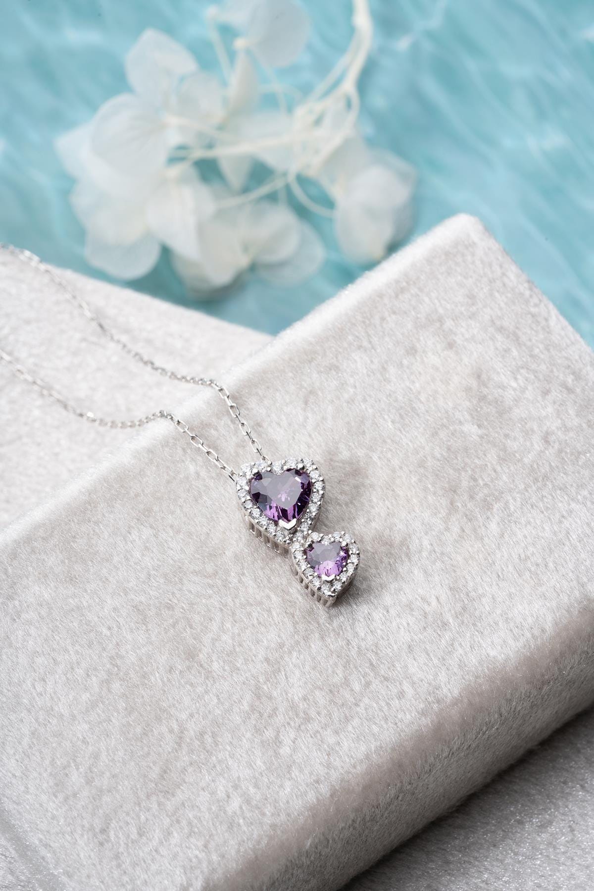 Purple Double Heart Necklace 925 Sterling Silver Romantic Gift for Her