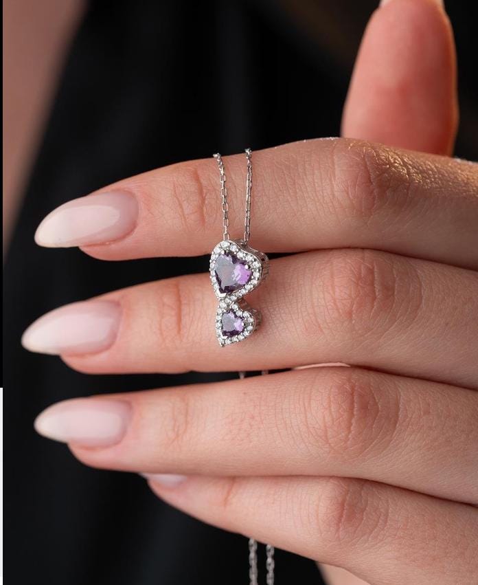 Purple Double Heart Necklace 925 Sterling Silver Romantic Gift for Her