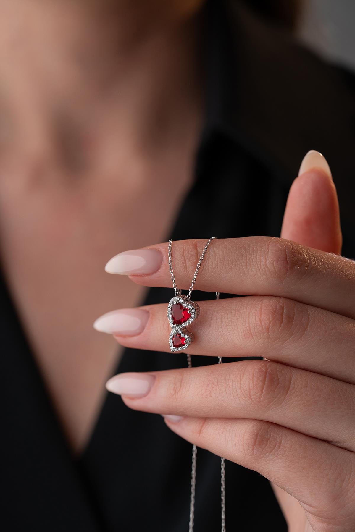 Red Double Heart Necklace 925 Sterling Silver Romantic Gift for Her