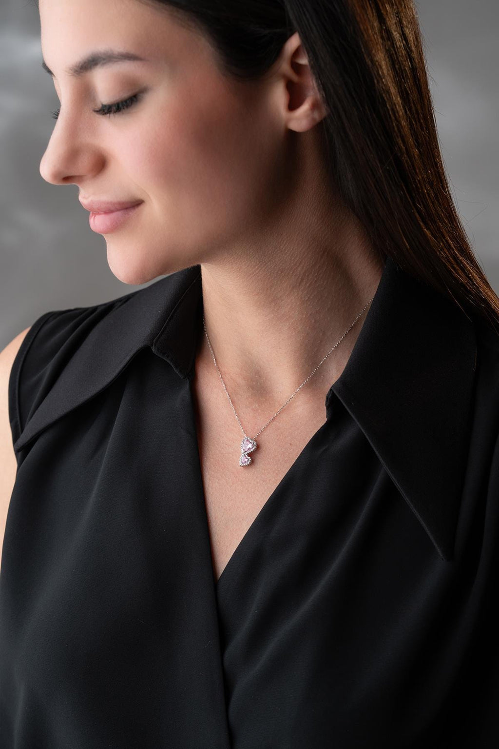 Pink Double Heart Necklace 925 Sterling Silver Romantic Gift for Her