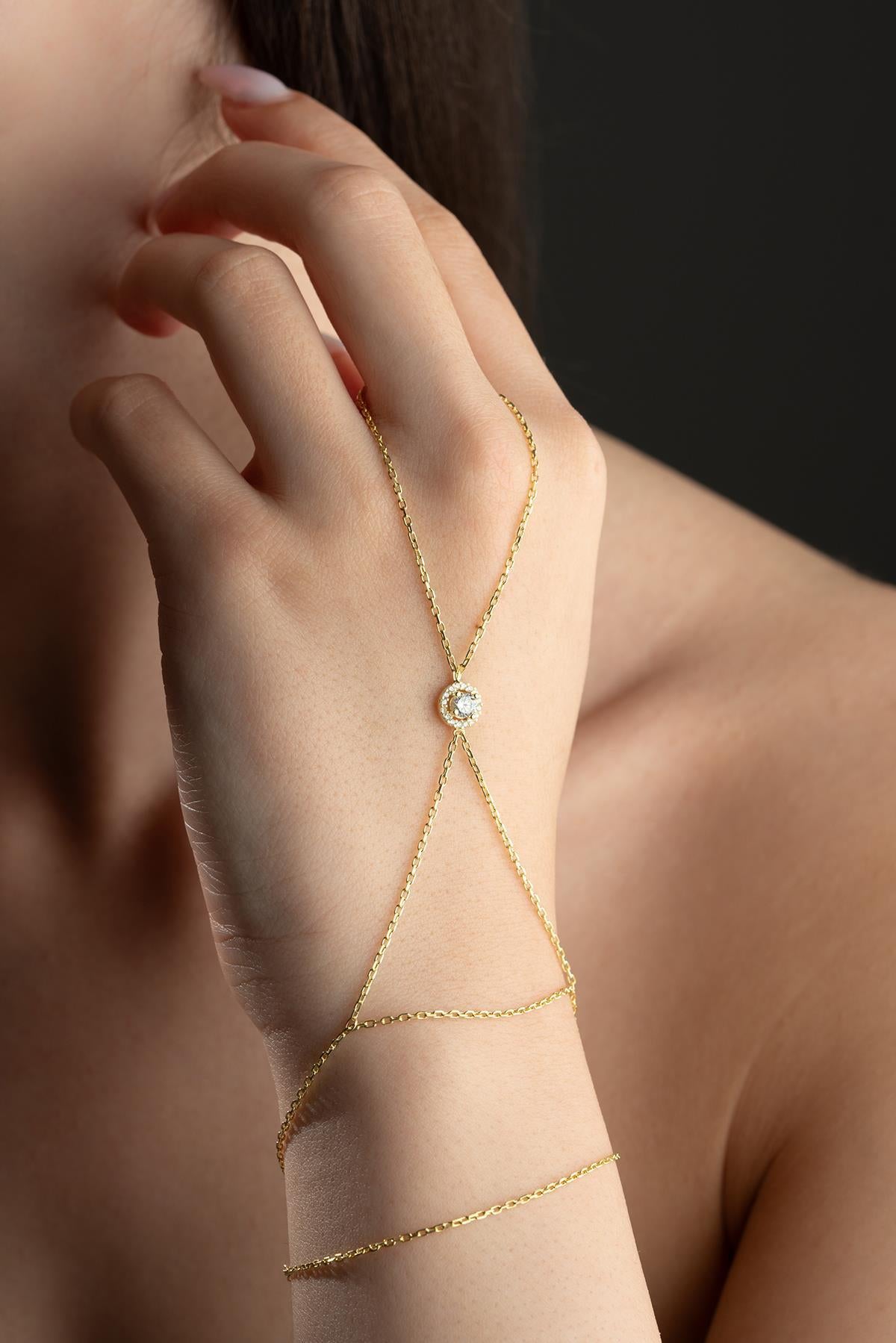 Gold Plated Solitaire Shahmaran Bracelet | Sterling Silver Zircon Hand Chain