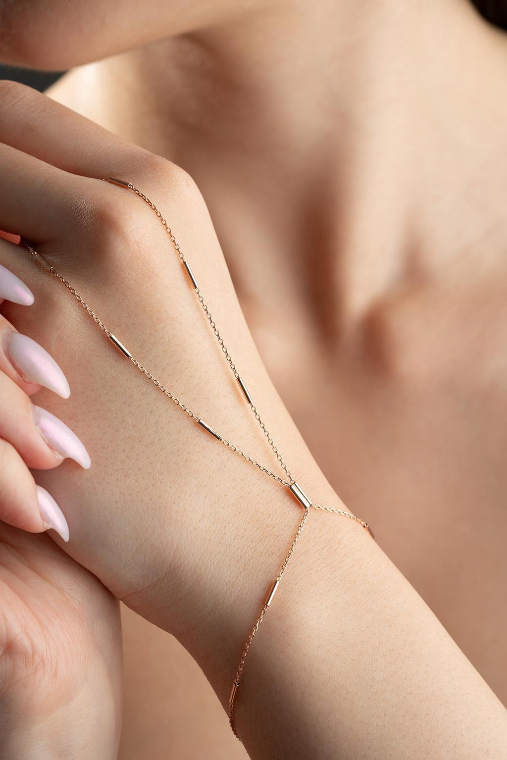 Rose Gold Plated Hand Chain Bracelet | Sterling Silver Cylinder Shahmaran