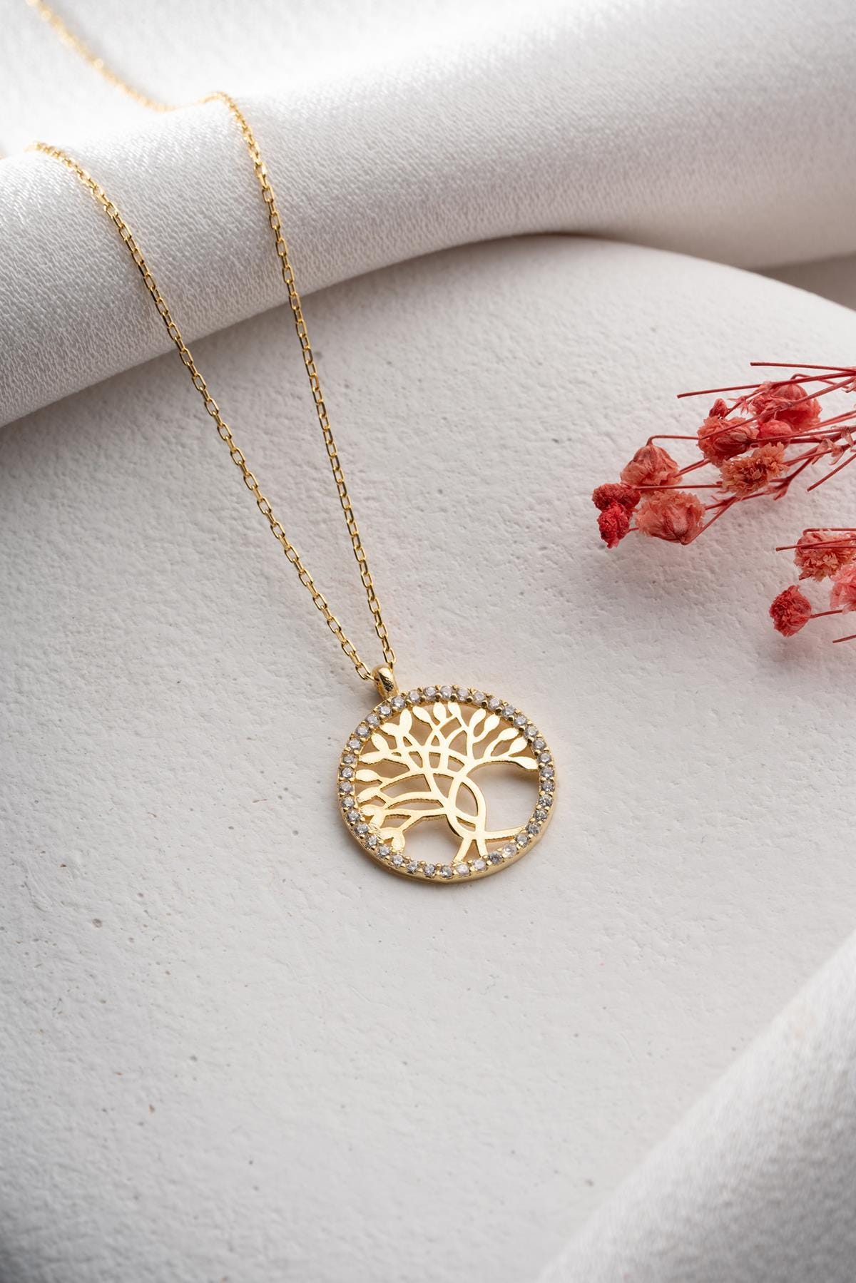 925 Sterling Silver 14K Gold Plated Tree of Life Necklace