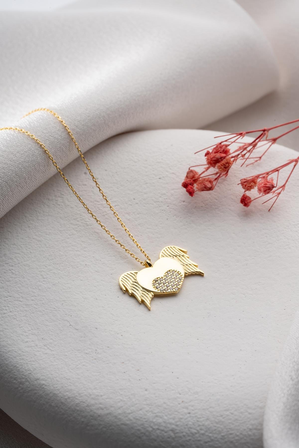 925 Sterling Silver 14K Gold Plated Flying Heart Necklace Zircon Stone