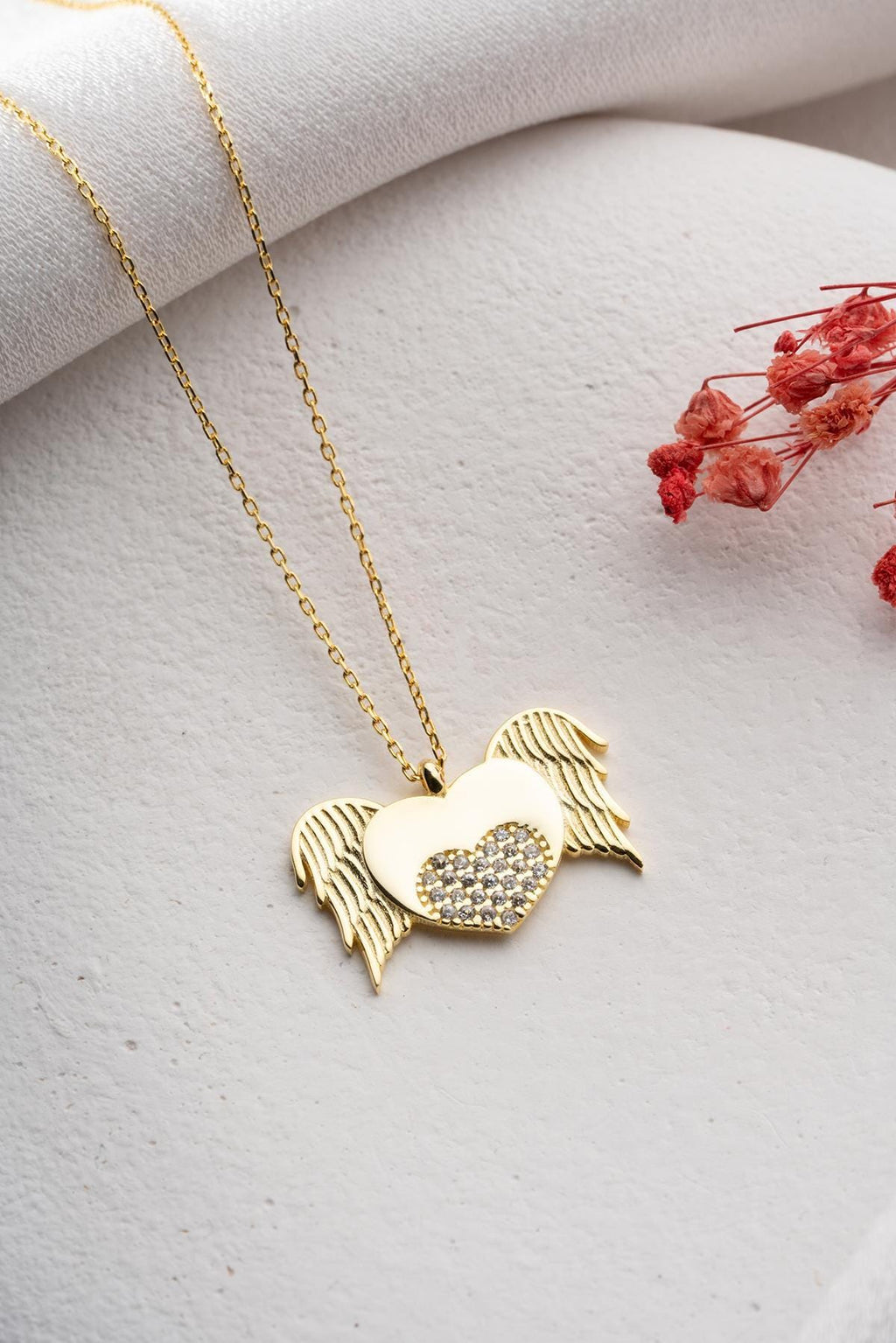 925 Sterling Silver 14K Gold Plated Flying Heart Necklace Zircon Stone