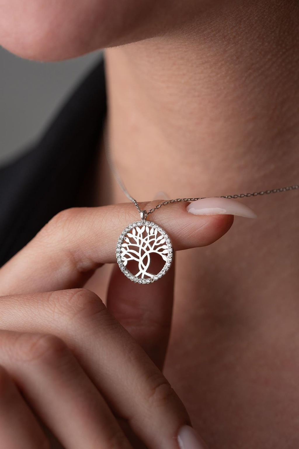 925 Sterling Silver Rhodium Tree of Life Necklace Zircon Pendant