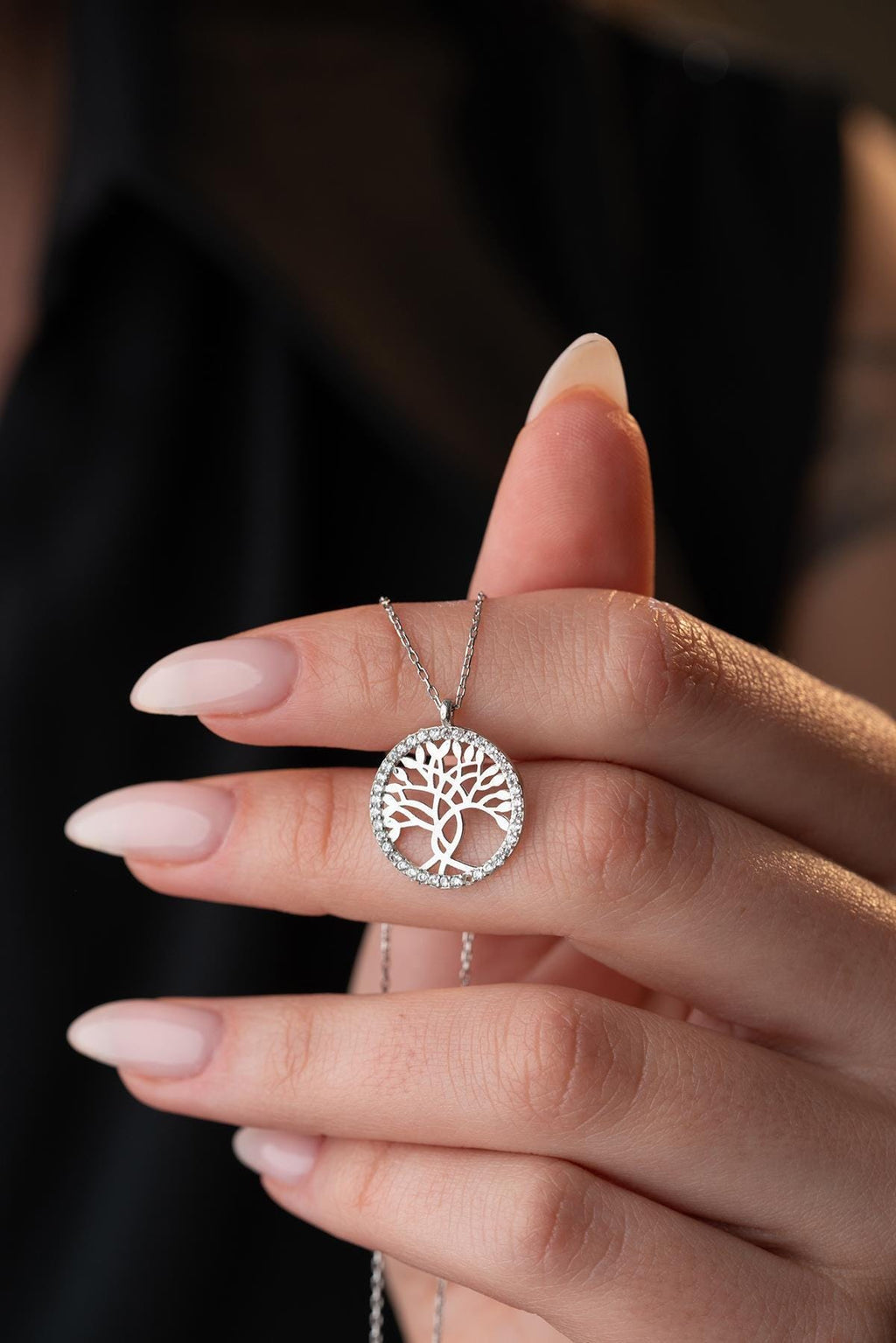 925 Sterling Silver Rhodium Tree of Life Necklace Zircon Pendant