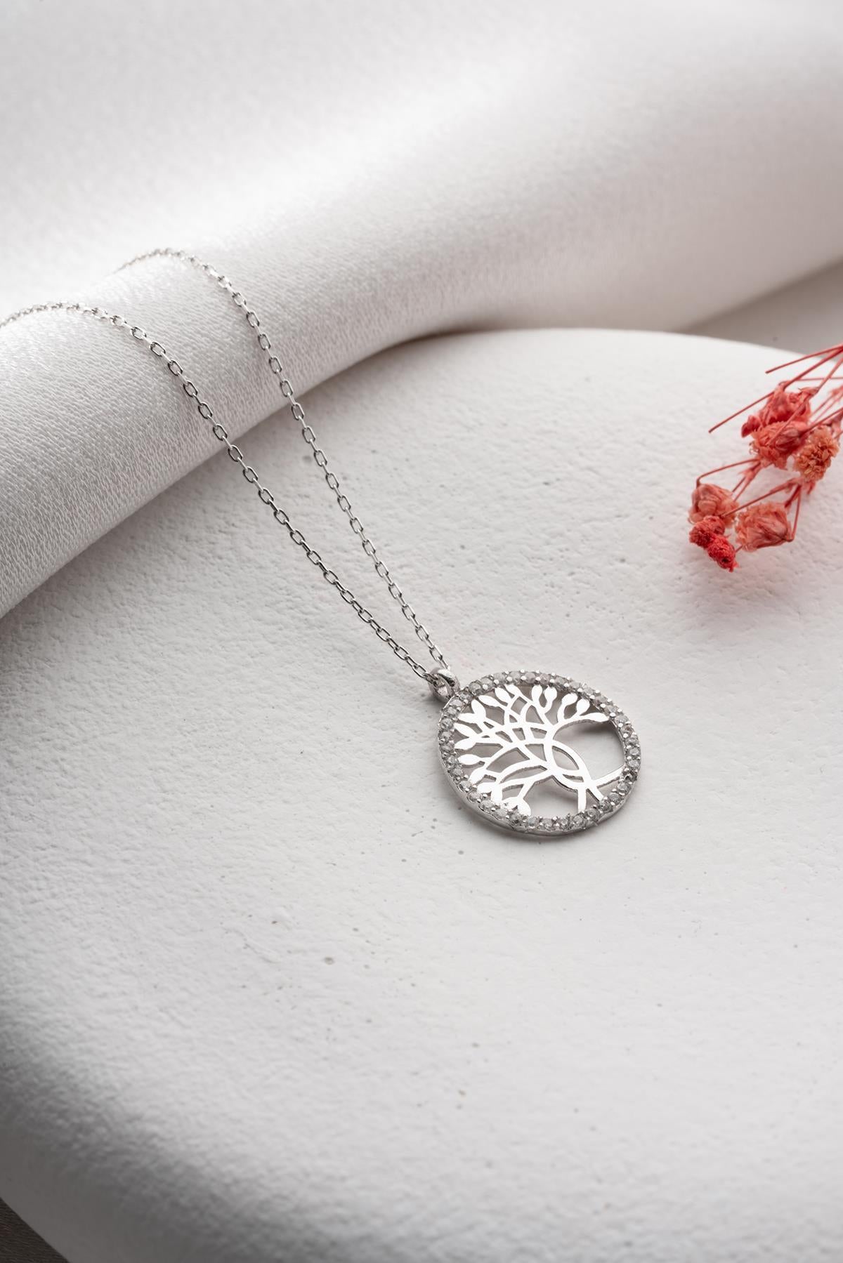 925 Sterling Silver Rhodium Tree of Life Necklace Zircon Pendant