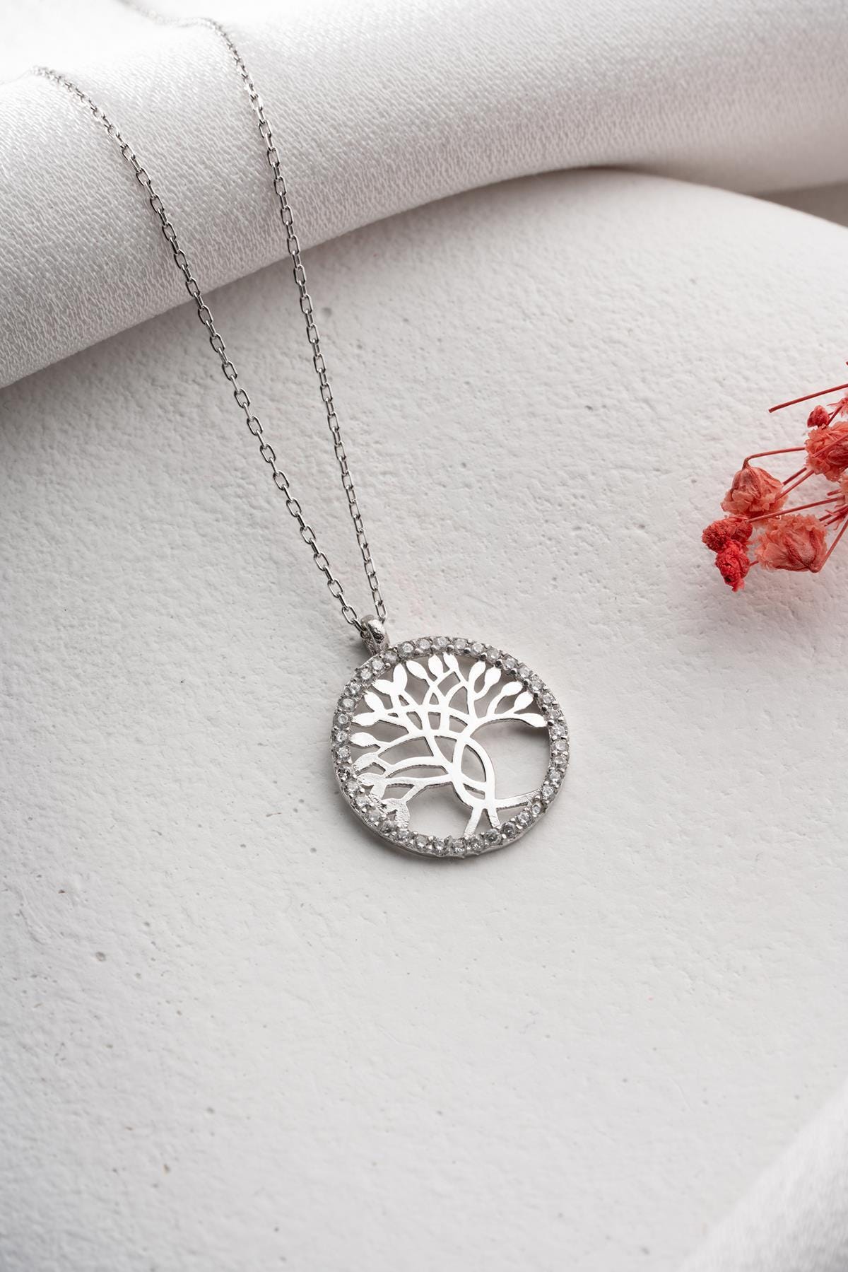 925 Sterling Silver Rhodium Tree of Life Necklace Zircon Pendant