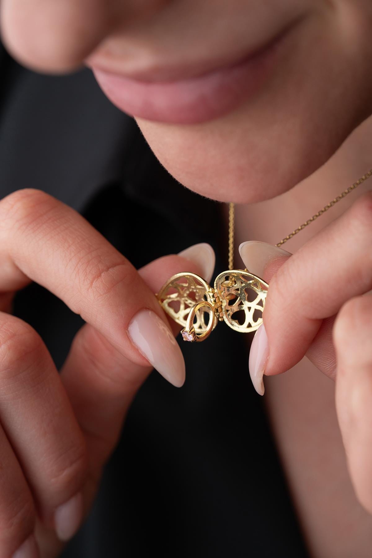 925 Sterling Silver 14K Gold Plated Heart Locket Necklace Zircon