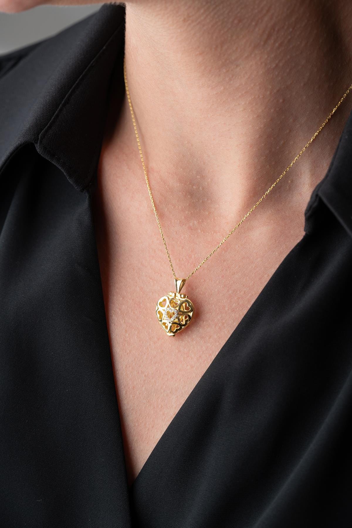 925 Sterling Silver 14K Gold Plated Heart Locket Necklace Zircon
