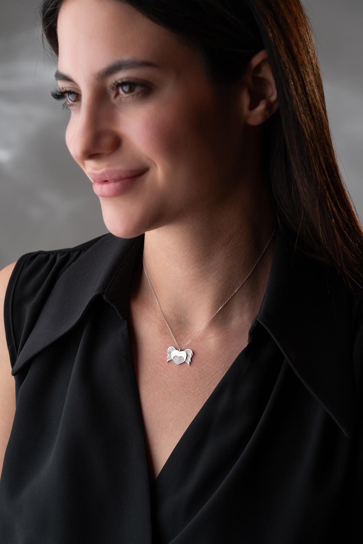 925 Sterling Silver Rhodium Flying Heart Necklace | Zircon Dainty Pendant