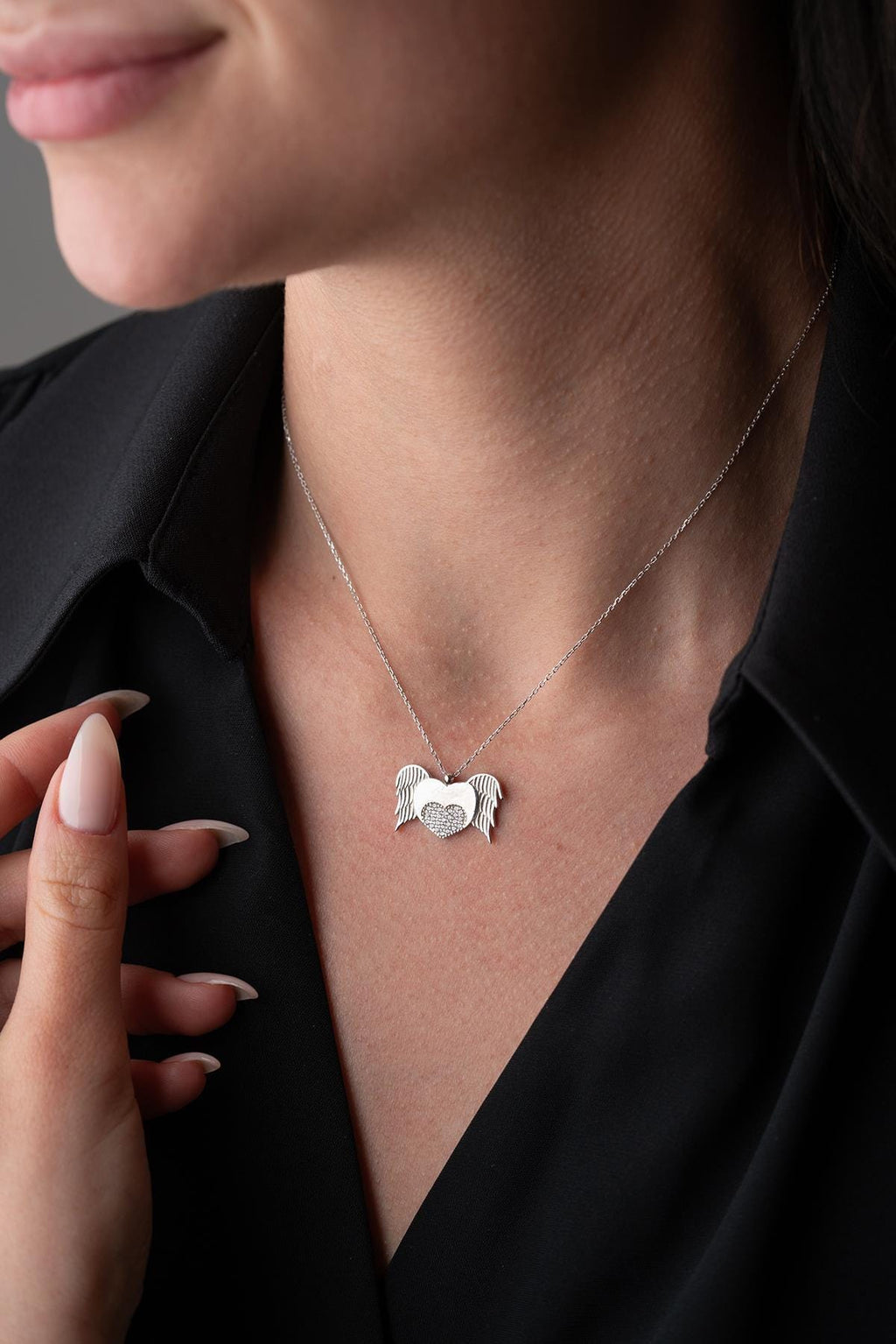 925 Sterling Silver Rhodium Flying Heart Necklace | Zircon Dainty Pendant