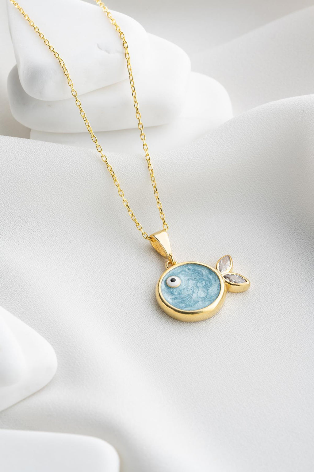 925 Sterling Silver 14K Gold Plated Fish Necklace | Blue Enamel Zircon