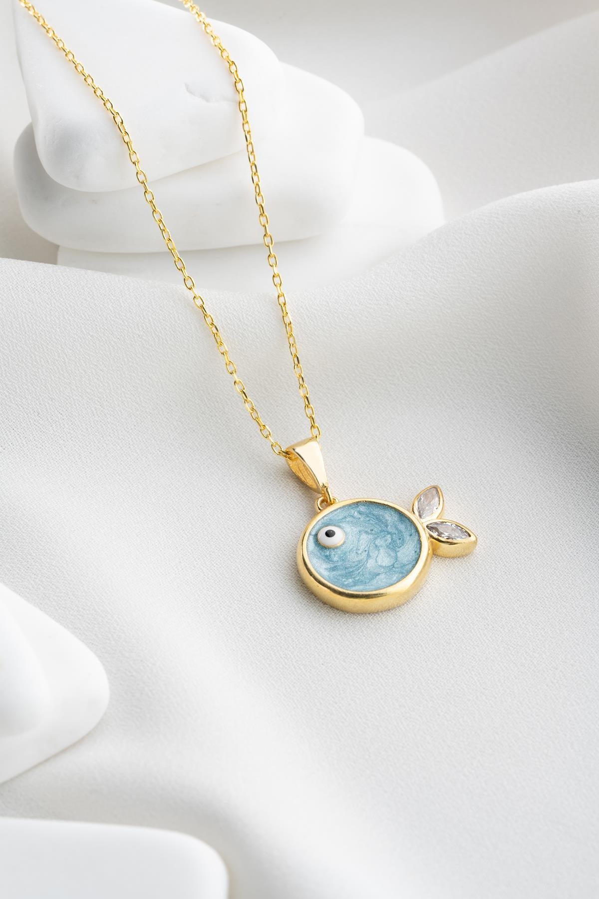 925 Sterling Silver 14K Gold Plated Fish Necklace | Blue Enamel Zircon