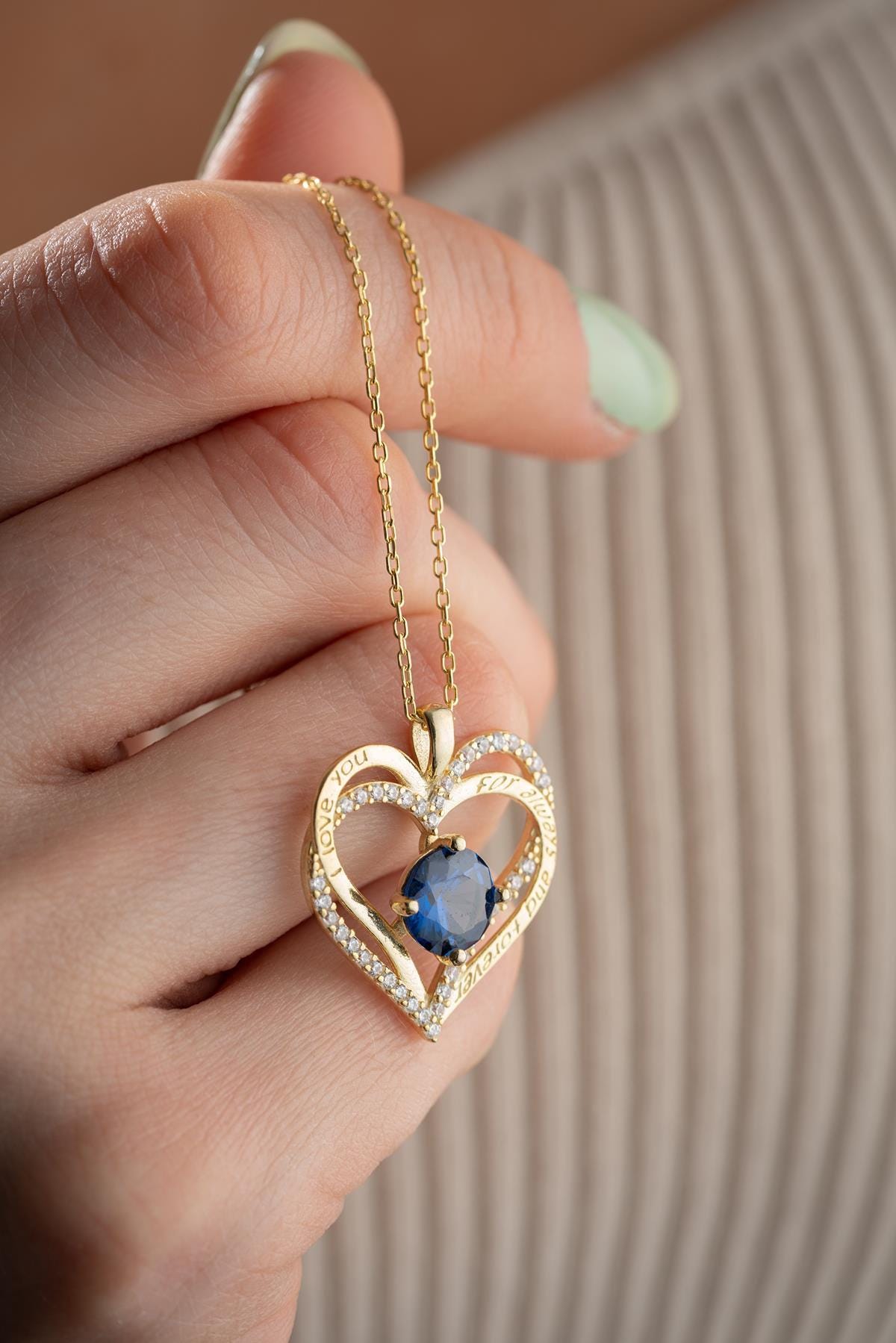 Blue Heart Necklace 925 Sterling Silver | 14K Gold Plated Double Heart Gift for Her