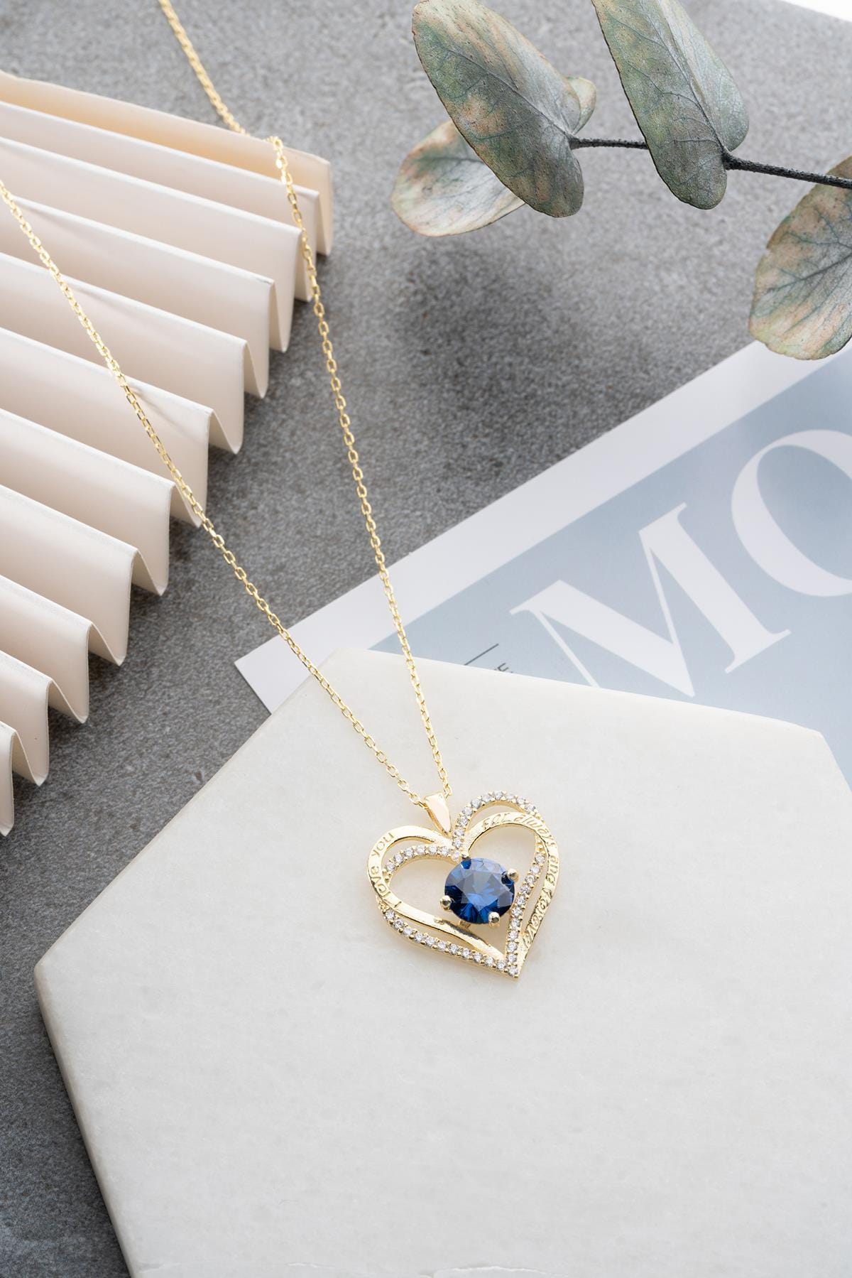 Blue Heart Necklace 925 Sterling Silver | 14K Gold Plated Double Heart Gift for Her