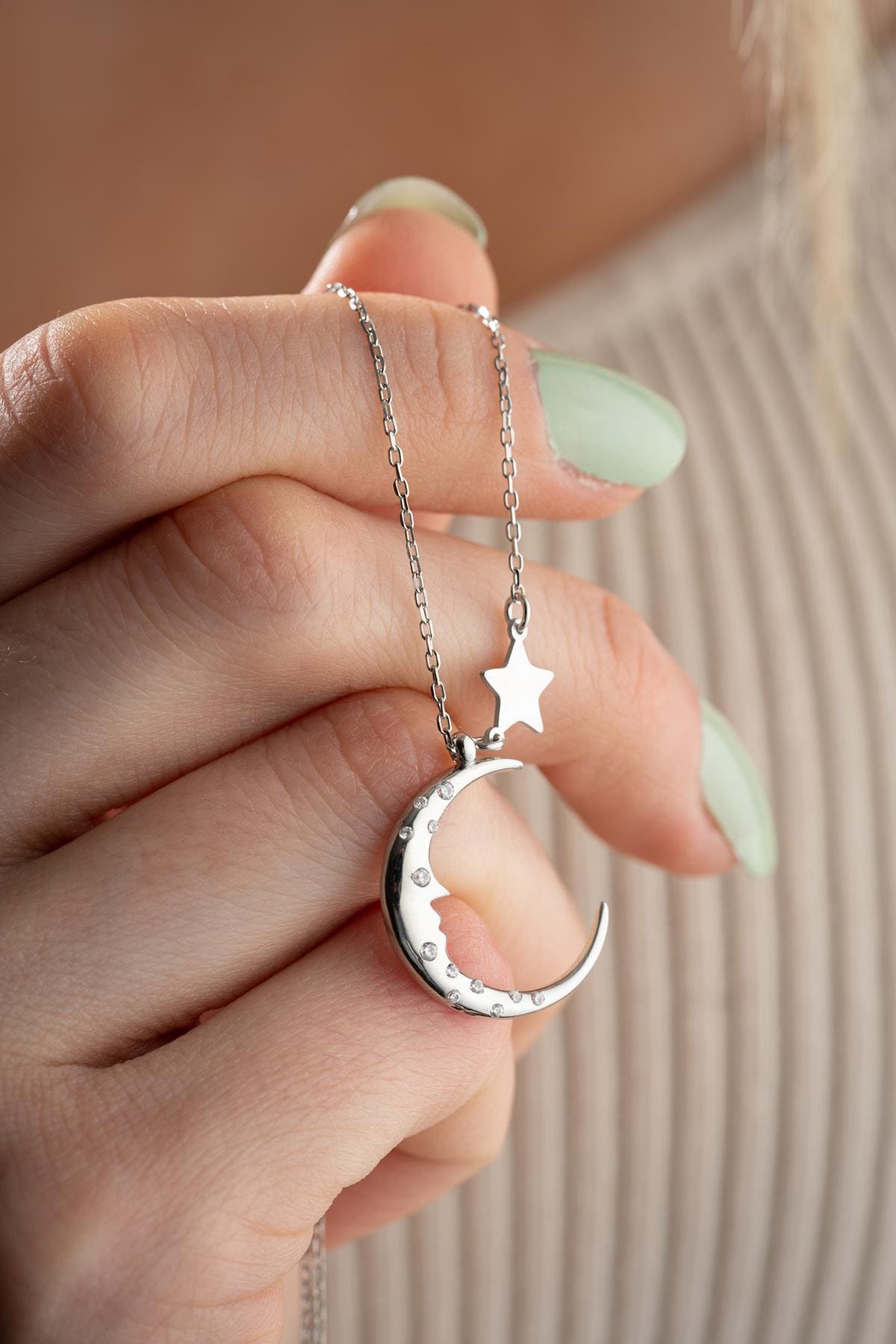 925 Sterling Silver Moon Star Necklace | Rhodium Crescent Pendant | Celestial Gift for Her
