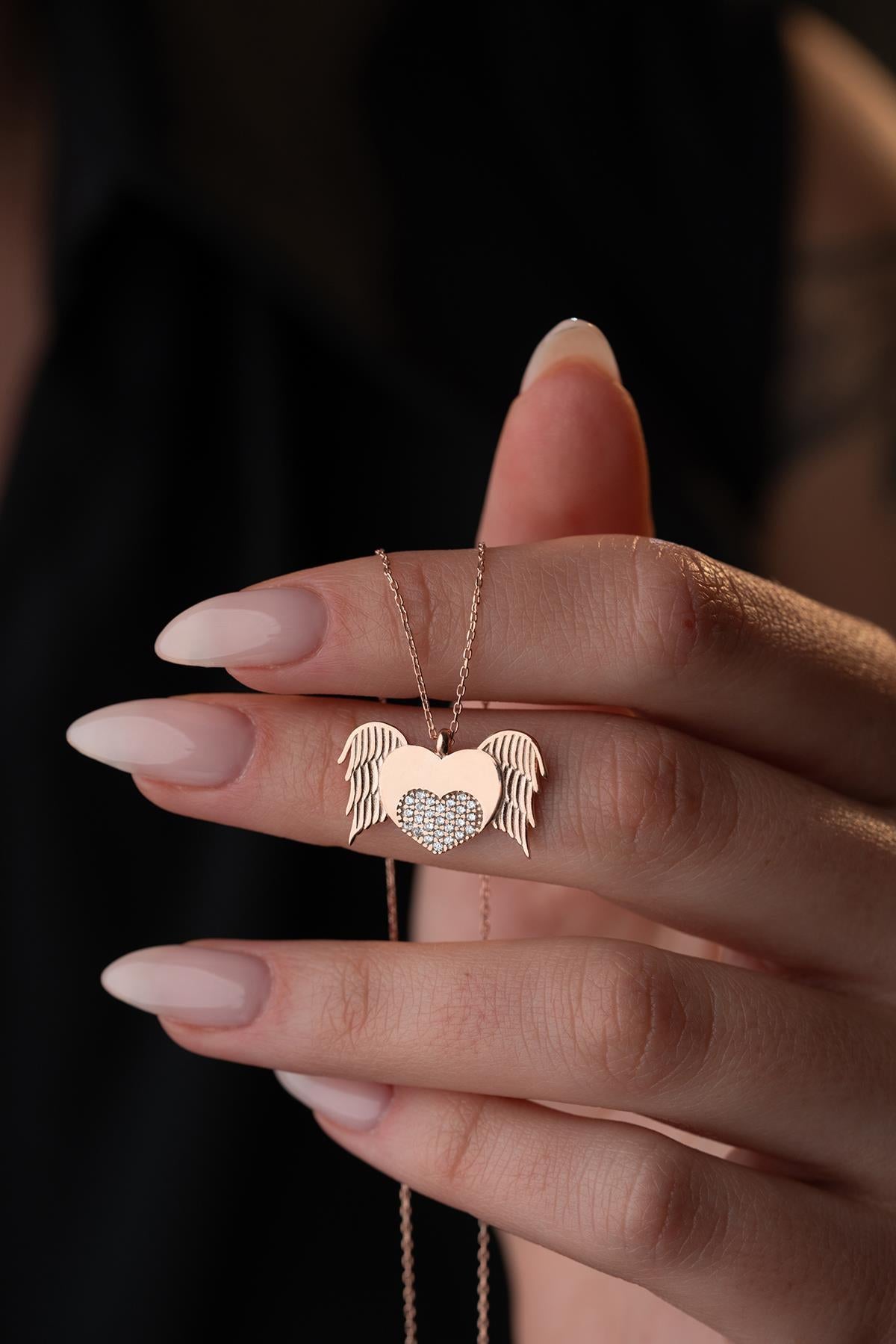 925 Sterling Silver Rose Gold Flying Heart Necklace | Zircon Romantic Gift for Her