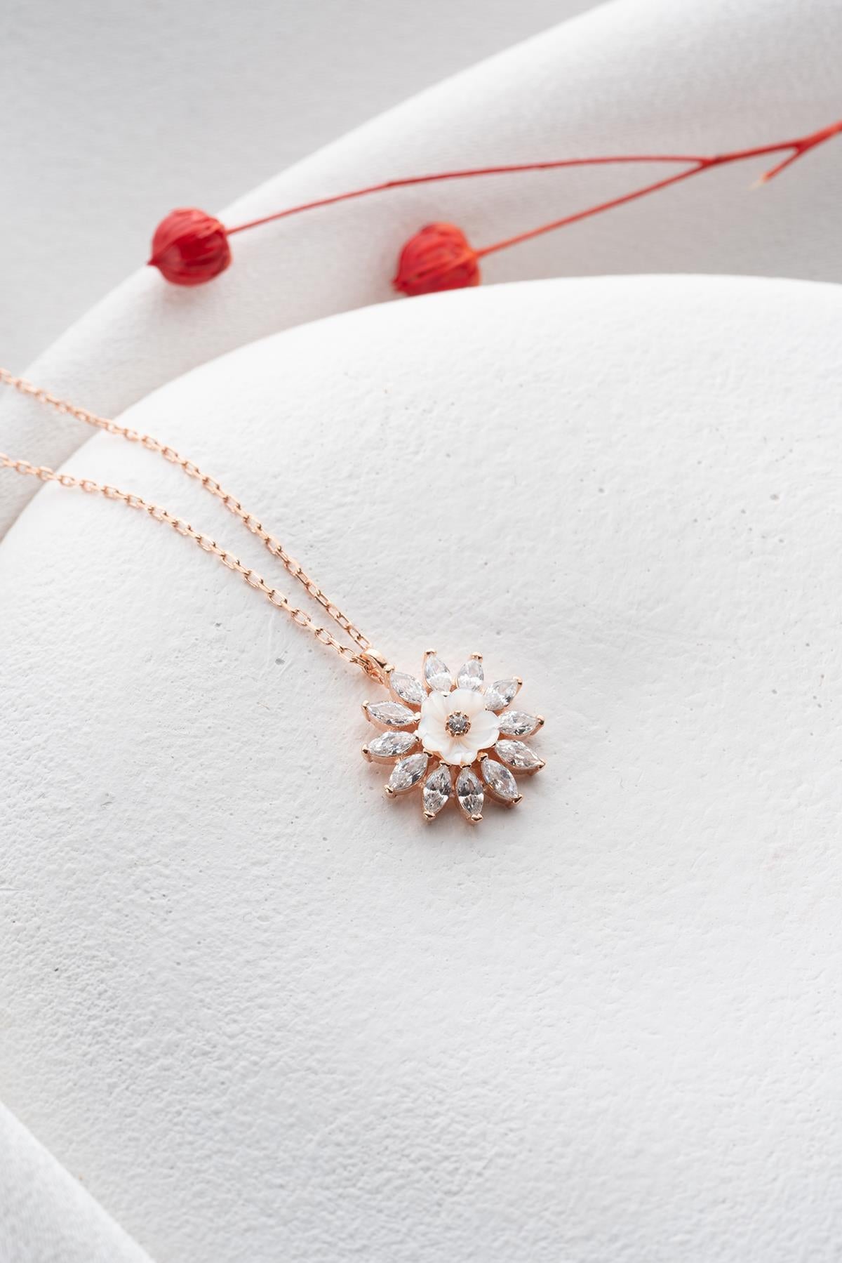 925 Sterling Silver Rose Gold Magnolia Flower Necklace | Marquise Zircon Pendant