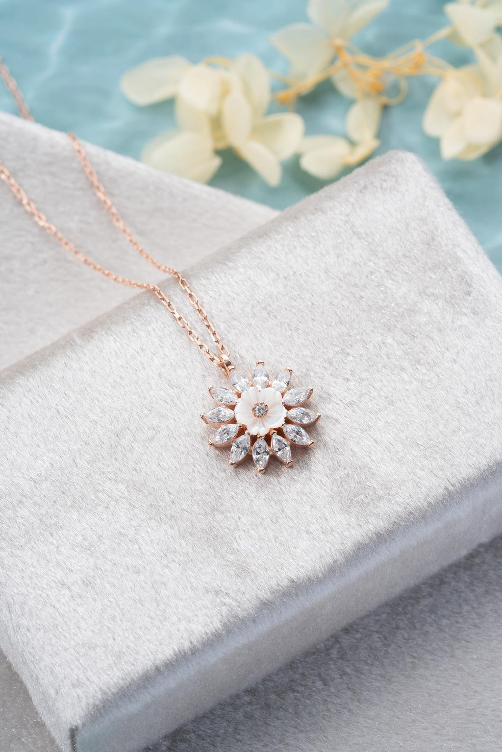925 Sterling Silver Rose Gold Magnolia Flower Necklace | Marquise Zircon Pendant