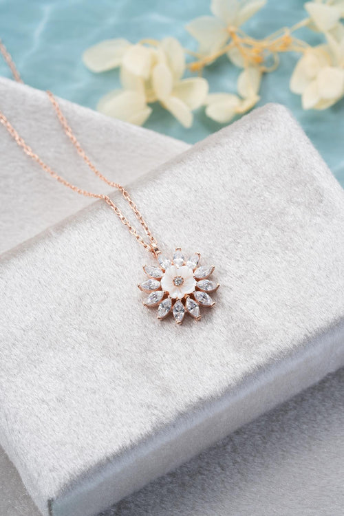 925 Sterling Silver Rose Gold Magnolia Flower Necklace | Marquise Zircon Pendant