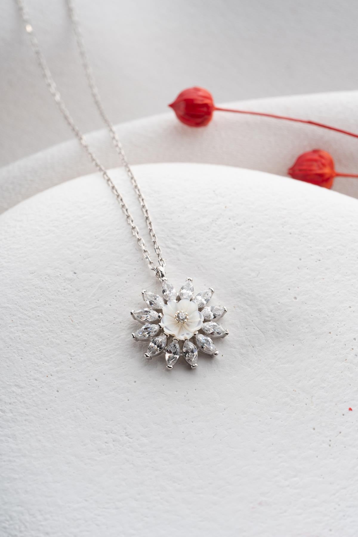 925 Sterling Silver Rhodium Magnolia Necklace | Marquise Zircon Flower Pendant