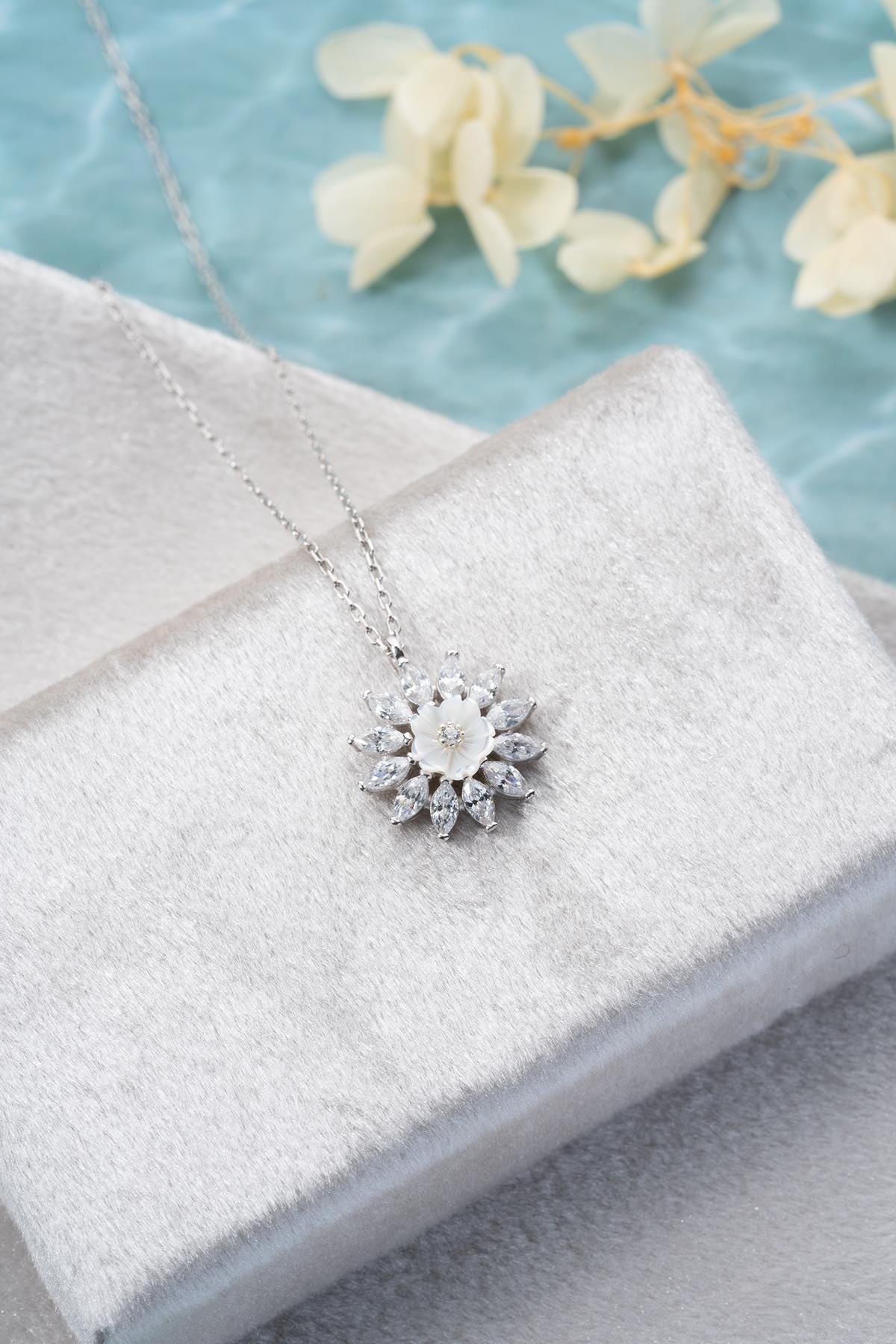 925 Sterling Silver Rhodium Magnolia Necklace | Marquise Zircon Flower Pendant