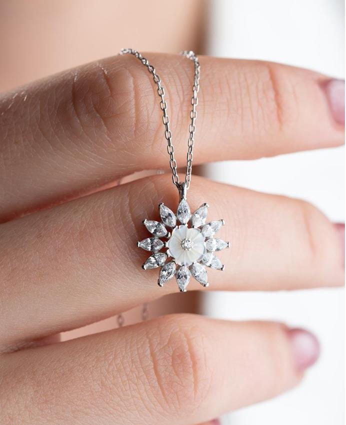 925 Sterling Silver Rhodium Magnolia Necklace | Marquise Zircon Flower Pendant