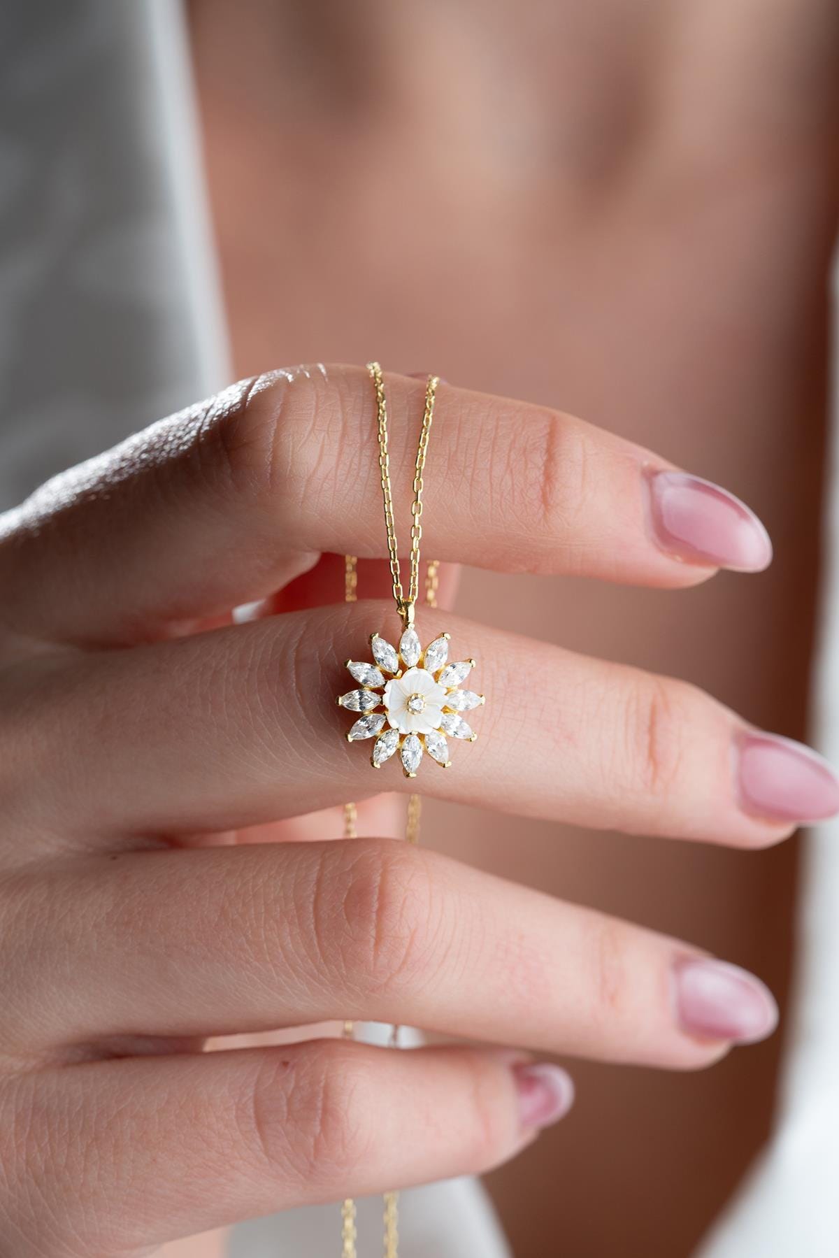 925 Sterling Silver 14K Gold Plated Magnolia Necklace | Marquise Zircon Flower