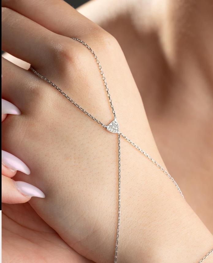 Sterling Silver Heart Hand Chain Bracelet | Rhodium Plated Zircon Heart Bracelet