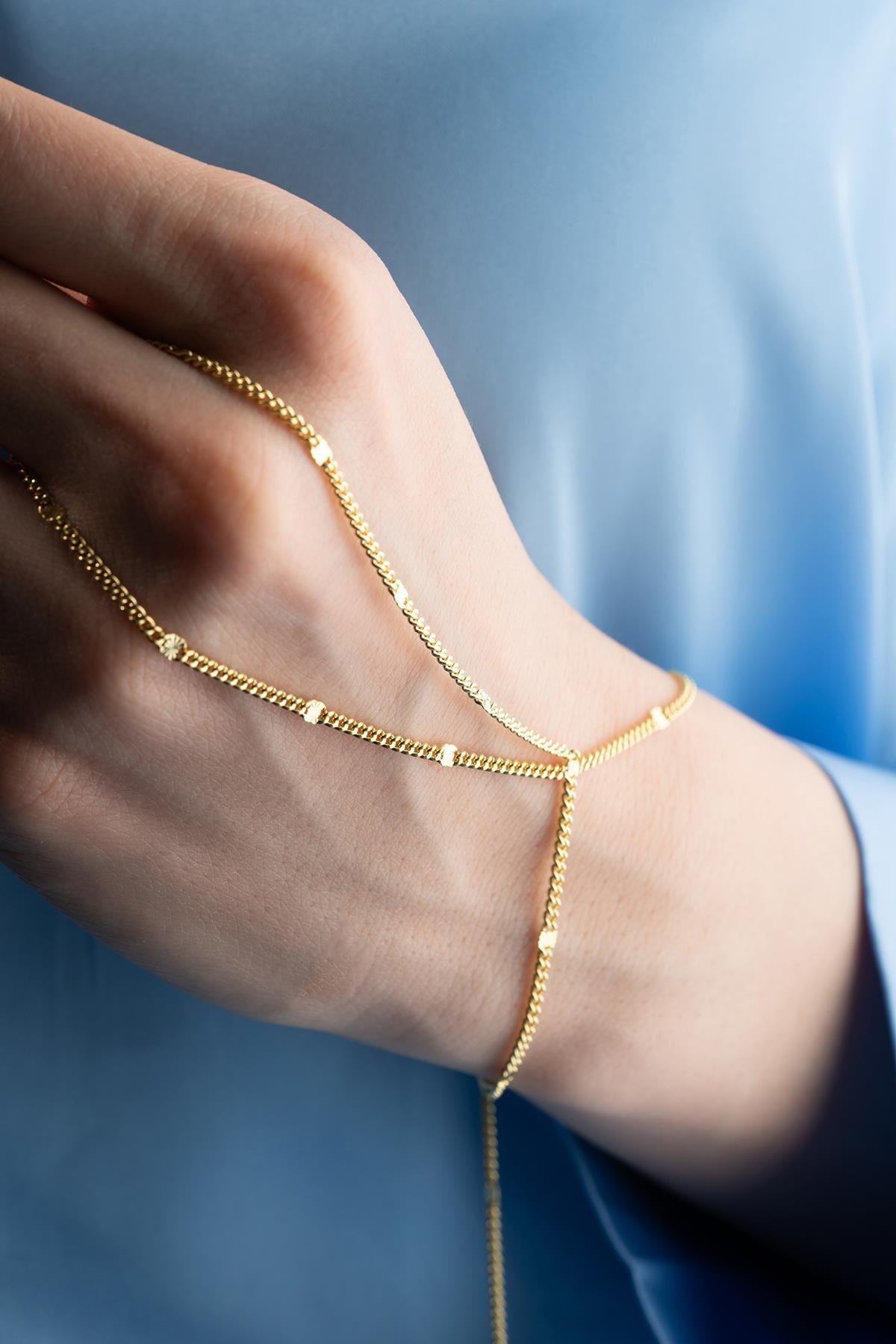 Gold Plated Hand Chain Bracelet | Sterling Silver Cuban Link Slave Bracelet