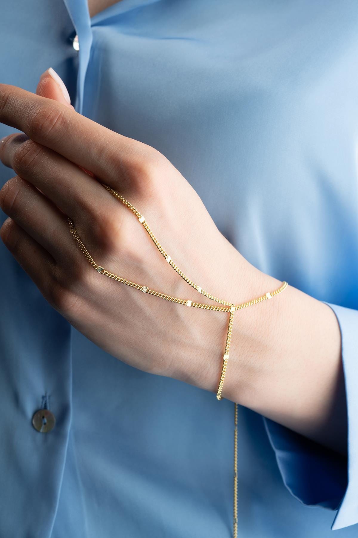Gold Plated Hand Chain Bracelet | Sterling Silver Cuban Link Slave Bracelet