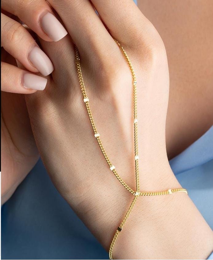 Gold Plated Hand Chain Bracelet | Sterling Silver Cuban Link Slave Bracelet