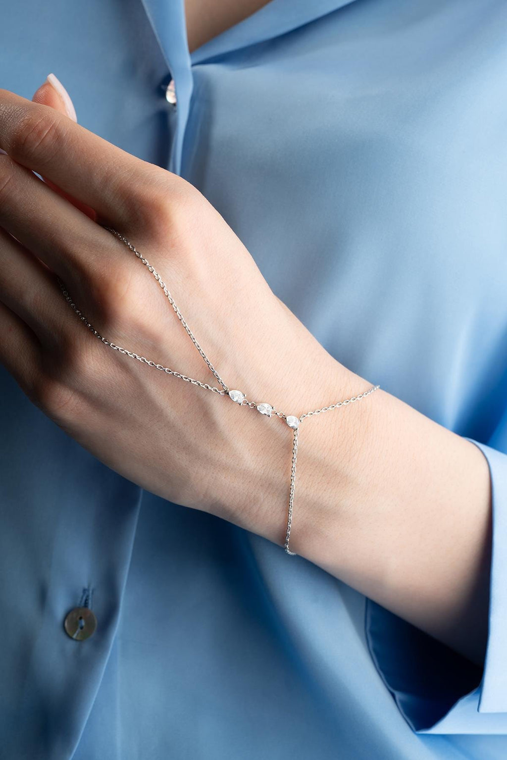 Sterling Silver Hand Chain Bracelet | Rhodium Plated Zircon Drop Bracelet