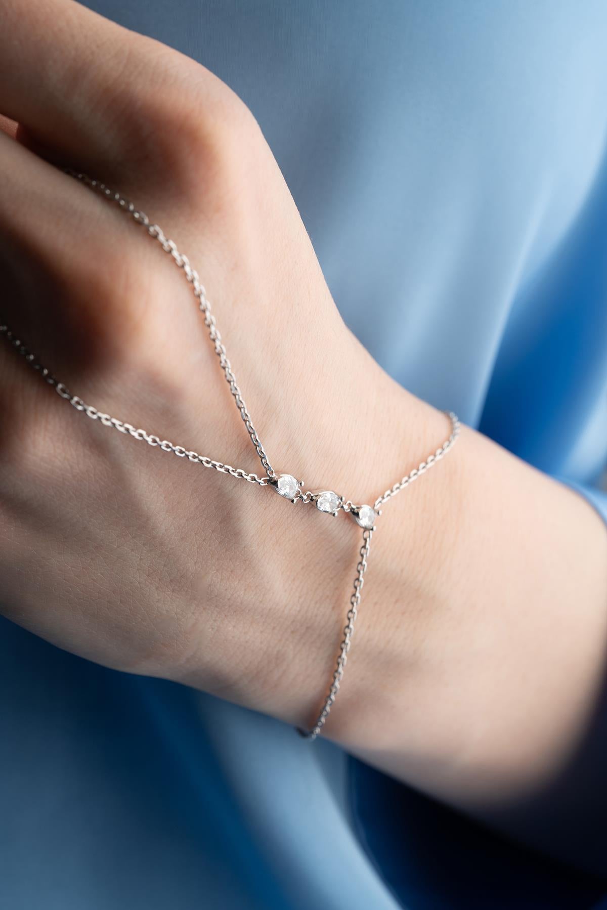 Sterling Silver Hand Chain Bracelet | Rhodium Plated Zircon Drop Bracelet